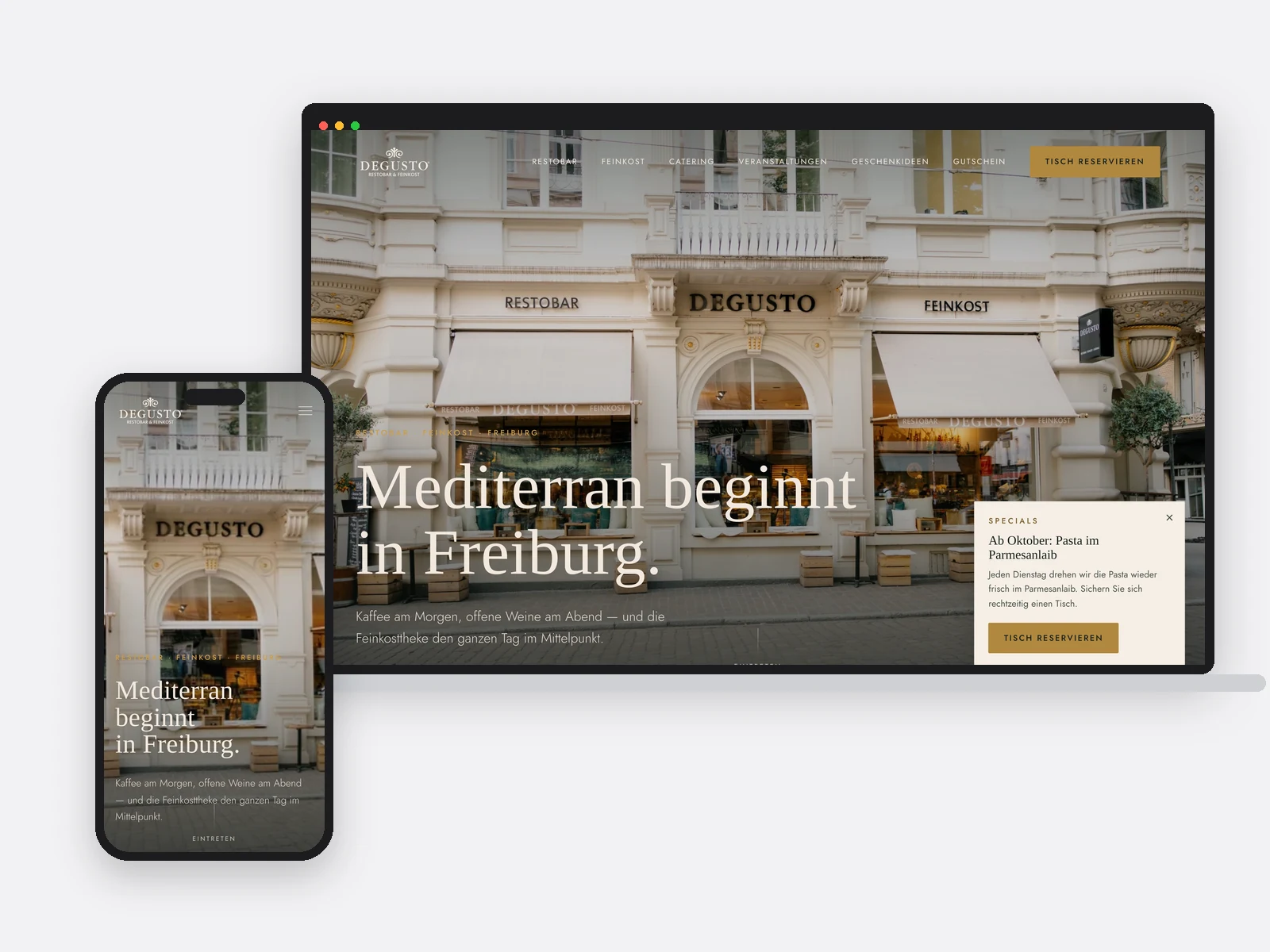 Notebook und Telefon mit der Startseite von Degusto Feinkost