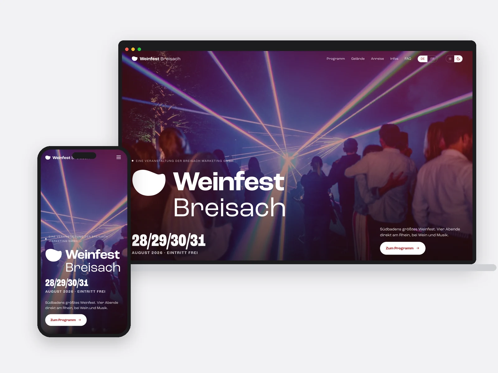 Notebook und Telefon mit der Startseite des Weinfests Breisach