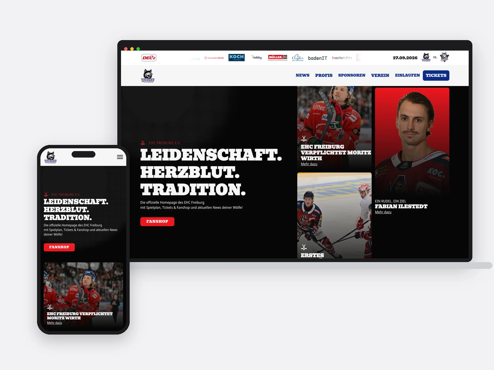 Notebook und Telefon mit der Startseite des EHC Freiburg