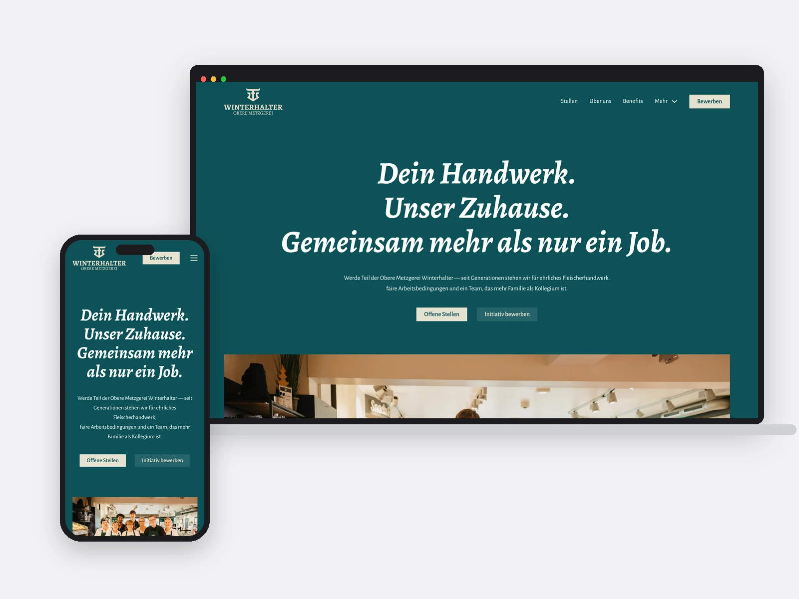 Notebook und Telefon mit der Karriereseite der Oberen Metzgerei Winterhalter