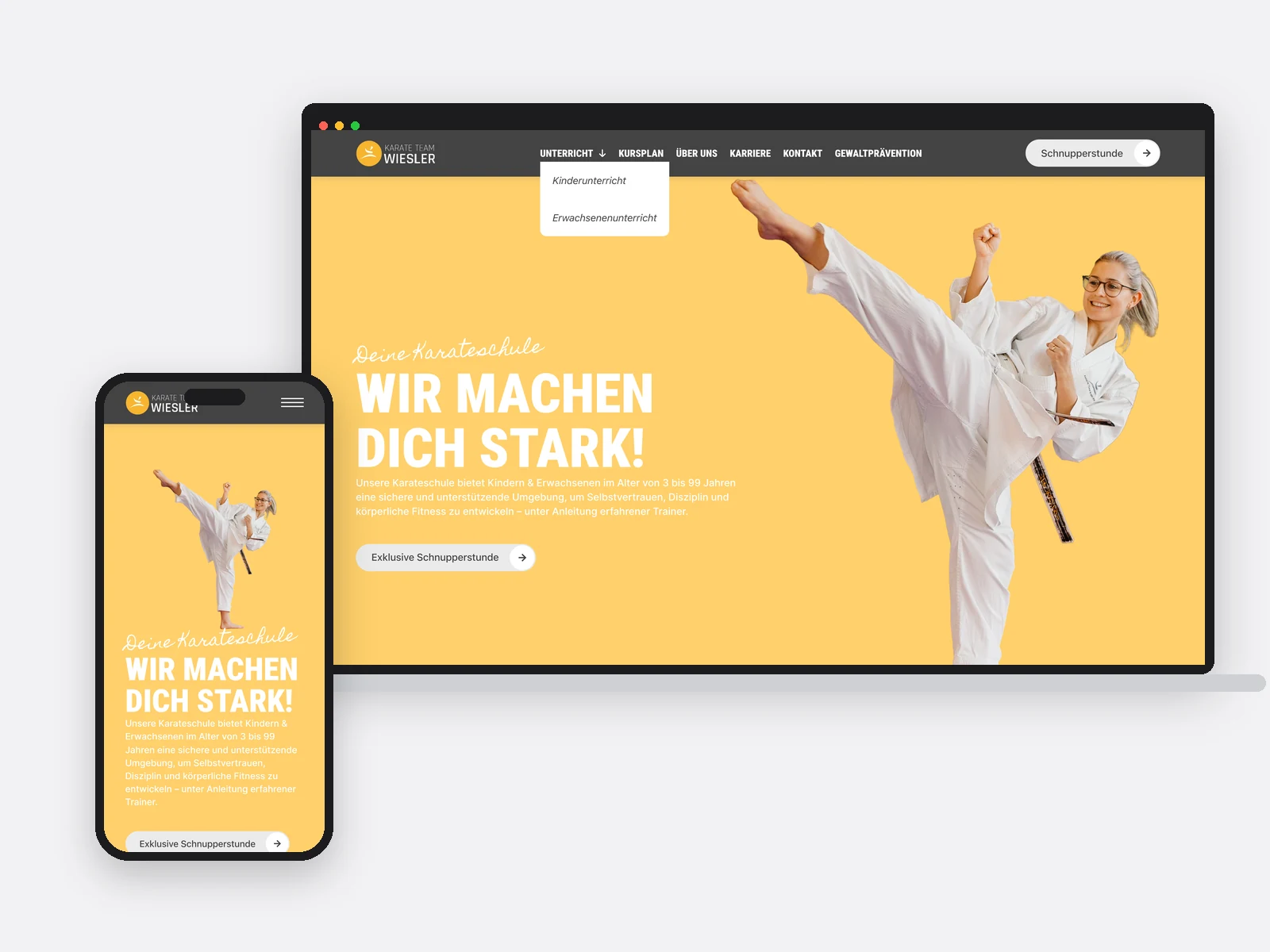 Notebook und Telefon mit der Startseite des Karate Team Wiesler